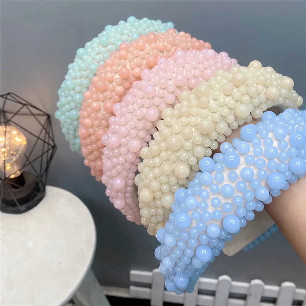 2023 Baroque Padded Rainbow Pearl Hairband Women Solid Color Handmade Hair Band Ladies Pearl Headbands