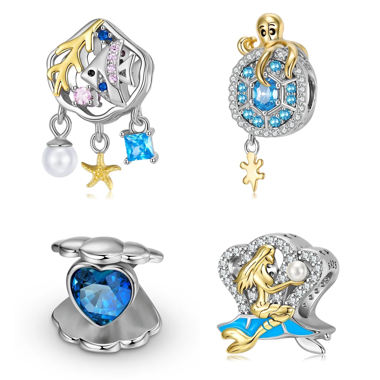 925 Sterling Silver Ocean Series Charm Pearl Mermaid Octopus Blue Heart Shape Shell Bead for Women Jewelry Fit Original Bracelet