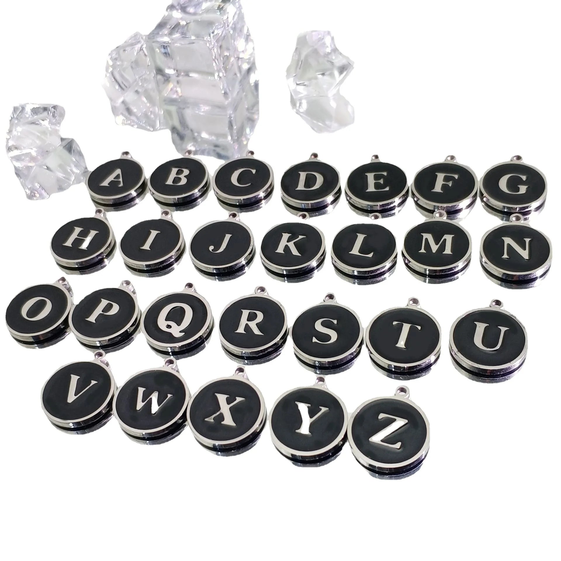 Stainless Steel Charms Drip Oil Metal Black Letter Beads Bracelet Necklace Pendants Charm Pendant for Jewelry Making