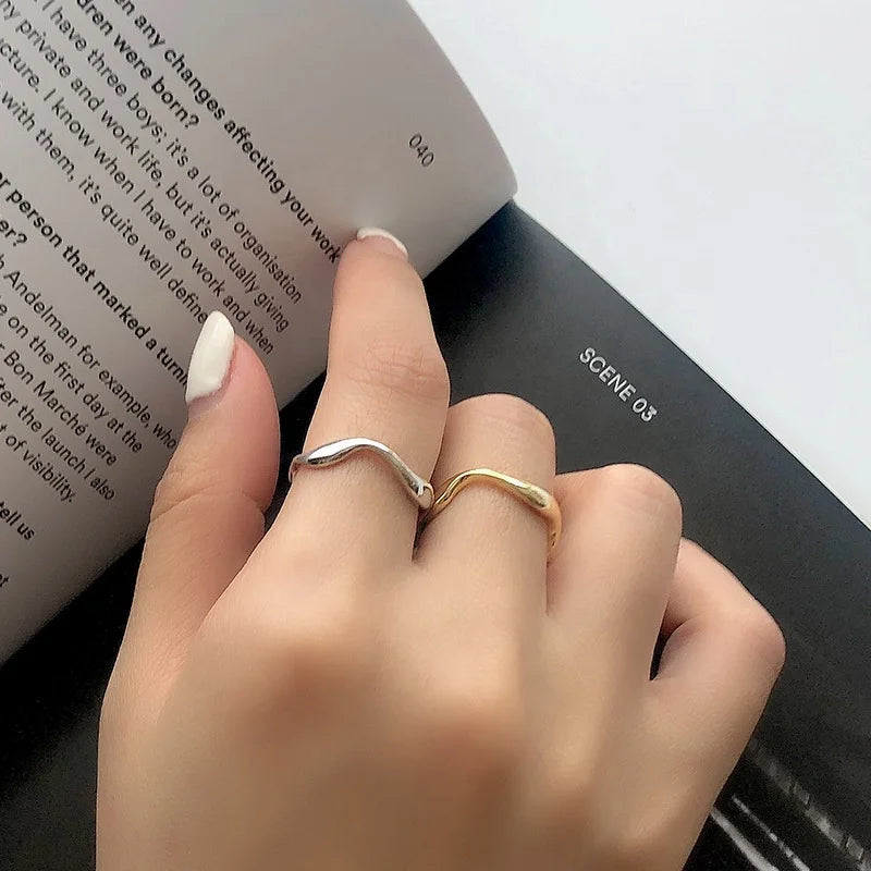 Isunni Simple Irregular S925 Sterling Silver Gold Plated Size Adjustable Wave Finger Ring for Woman