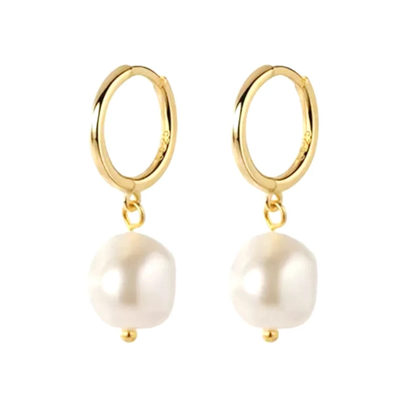 Wholesale Fashion Jewelry Gold Plated 925 Sterling Silver 18k Gold Plated Drop Pearl Hoop Earrings Women