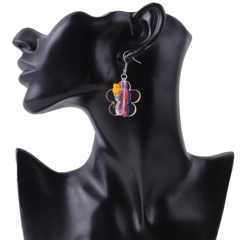 Cartoon Hip Hop Geometric Resin Dangle Earrings Rhombus Star Acrylic Drop Earrings Clear Laser Iridescent Coral Flower Blue