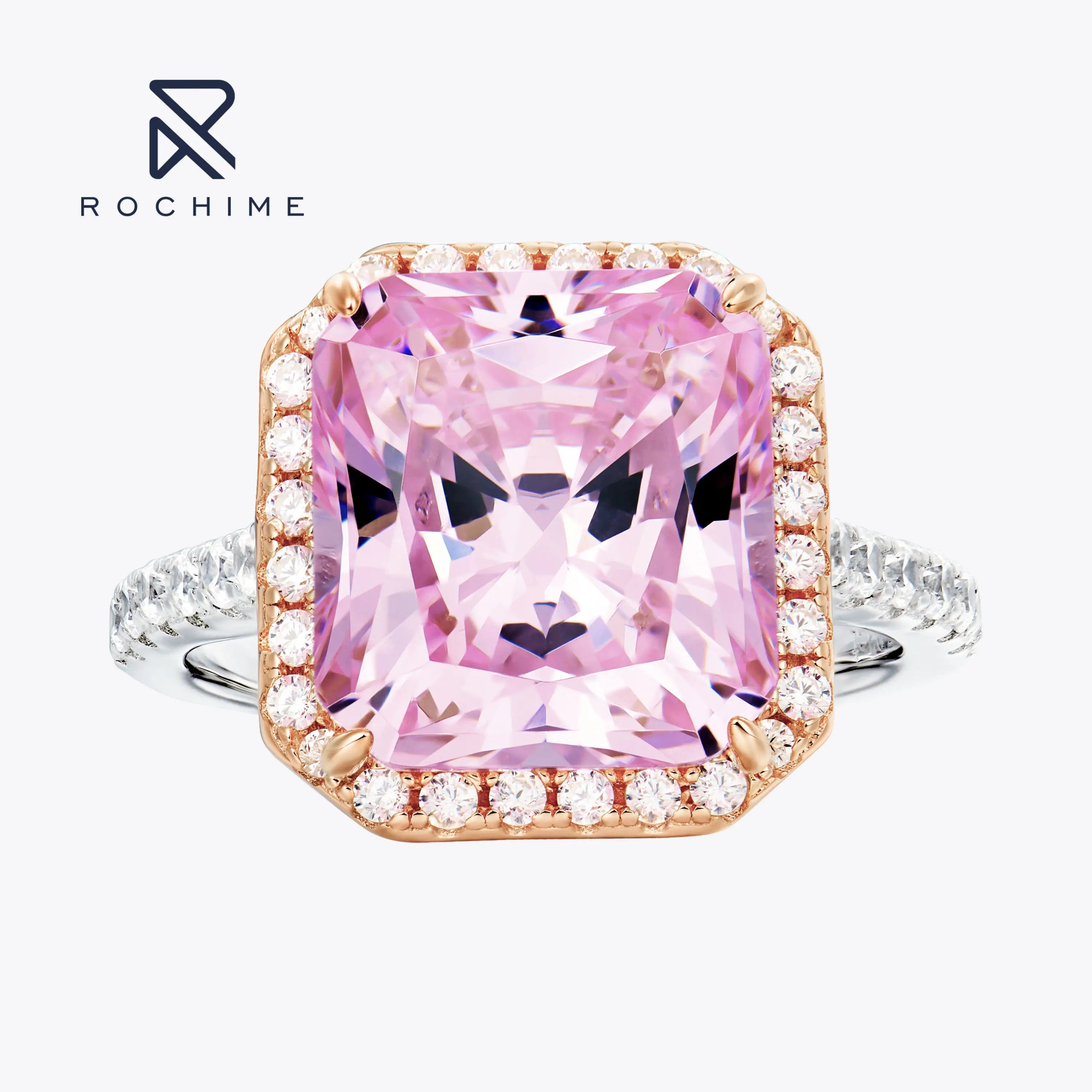 Rochime Trendy Radiant Cut halo pink Diamond Rings 925 Sterling Silver Rhodium Plated 5a Zircon Jewelry for Women