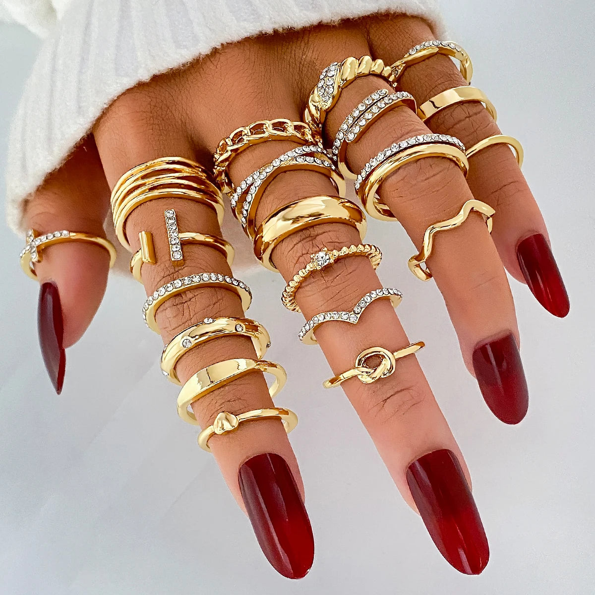 20pcs Hot Sell Punk Gold Chunky Shiny Ring Set for Women Jewelry Geometric Cross Rhinestone Stackable Finger Rings