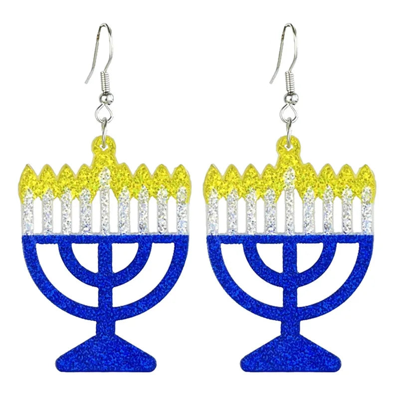 Dangle Dreidel Menorah Star of David Earrings for Women Chanukah Menorah Glitter Earrings - Hanukah Jewelry - Festival of Lights