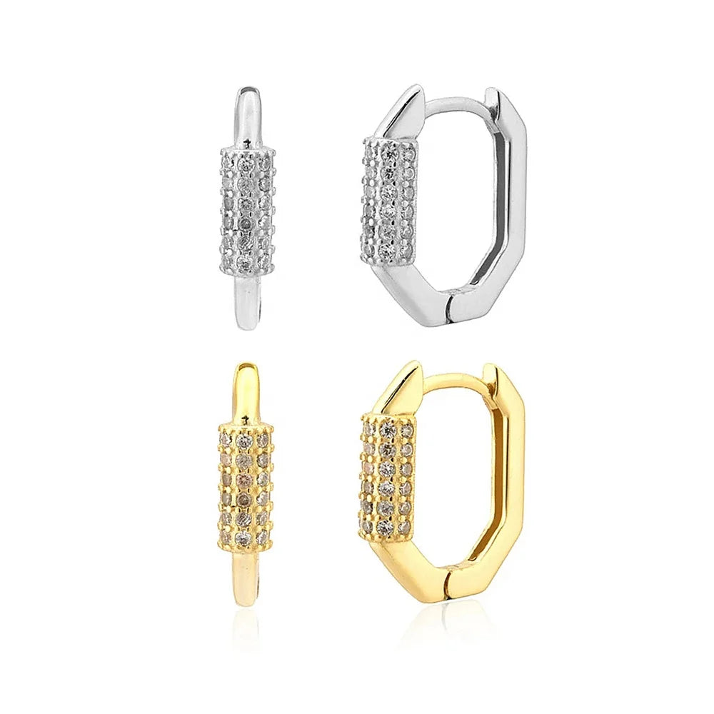 EH1219 925 Sterling Silver Gold 8.5mm Zircon Pave Hoops Earring Circle Geometric Oval Loops Piercing Pendiente Jewelry
