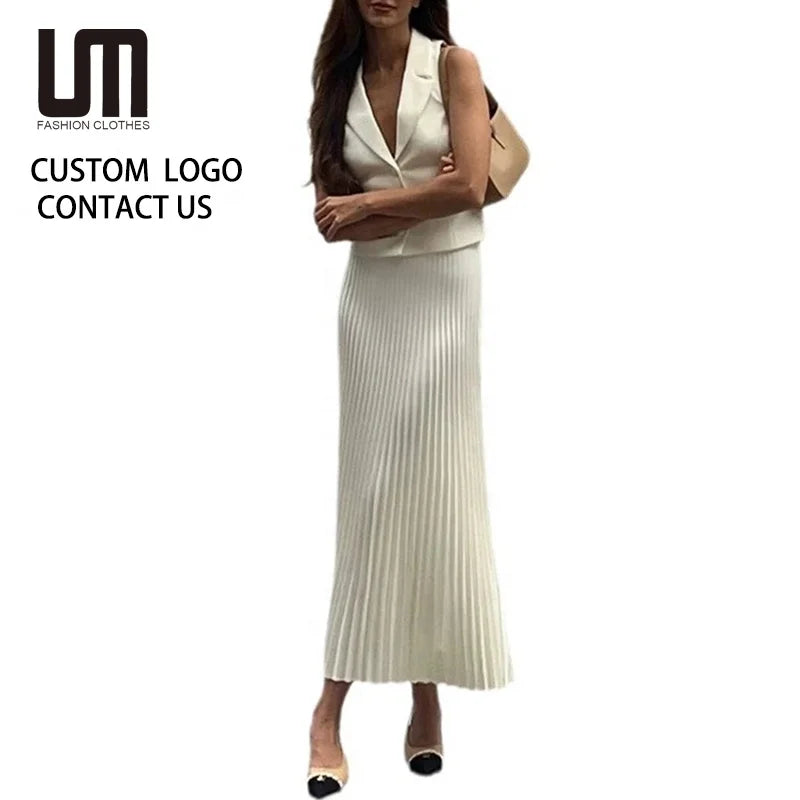Summer Women's Tops and Skirts  - Sleeveless Vest Top & Casual Office Wear Fashion Pleated Skirt