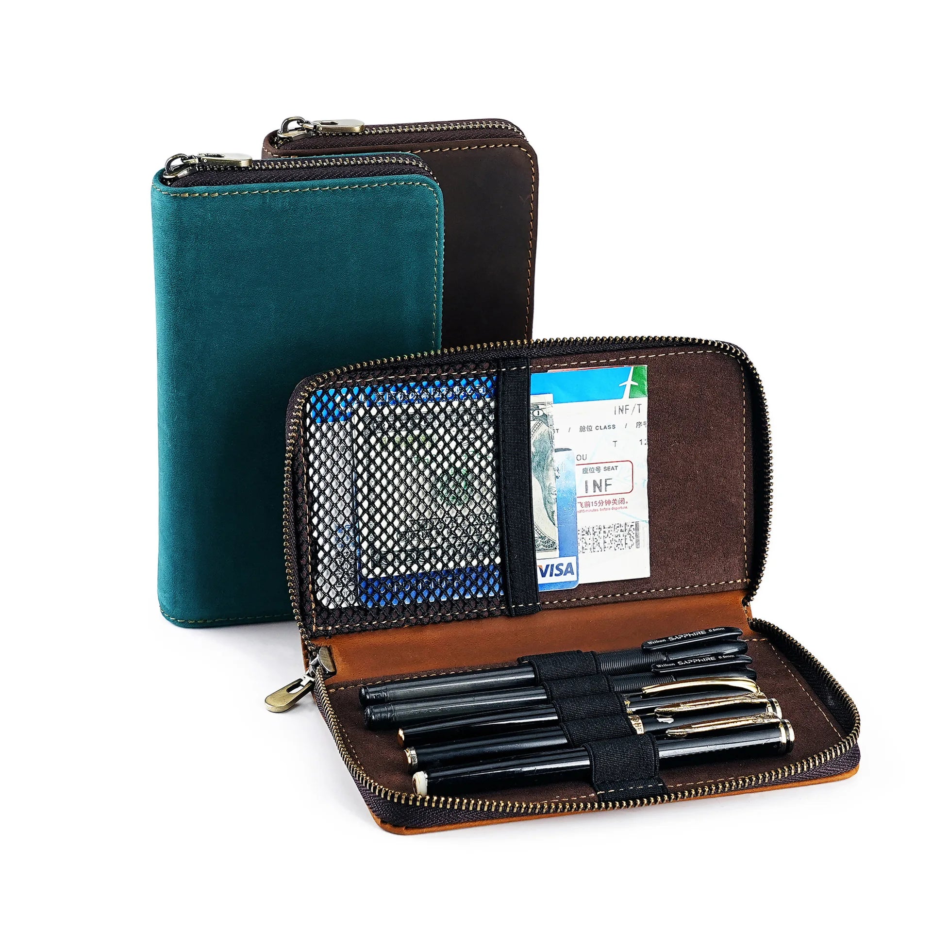 First-Layer Crazy Horse Leather Ballpoint Pen Bag Large-Capacity Stationery Box Clutch Zipper Cosmetics Bag for Short Wallets