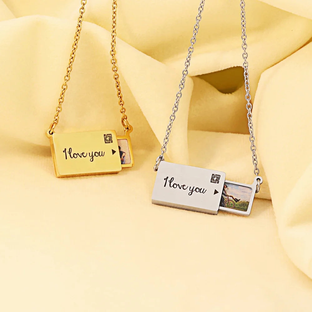 Personalized 18k Gold Plated Custom Stainless Steel Envelope Pendant LOGO Photo UV Printed Birthday Necklace Jewelry for Women