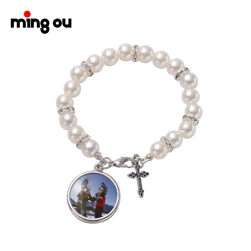 Metal Sublimation Rosary Bracelet with Christian Cross Design-Catholic Religious Photo Option