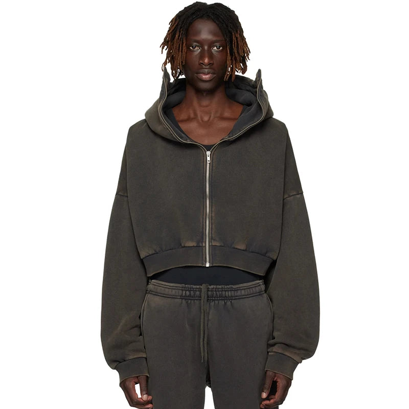 OEM Custom High Quality Dropped Shoulders Vintage Washed Organic Cotton Fleece Cropped Hoodie