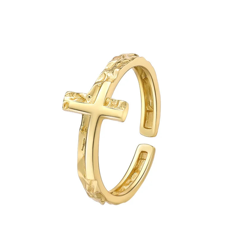 Open Cross 925 Silver 18K Gold Number Religious Resizable Ring