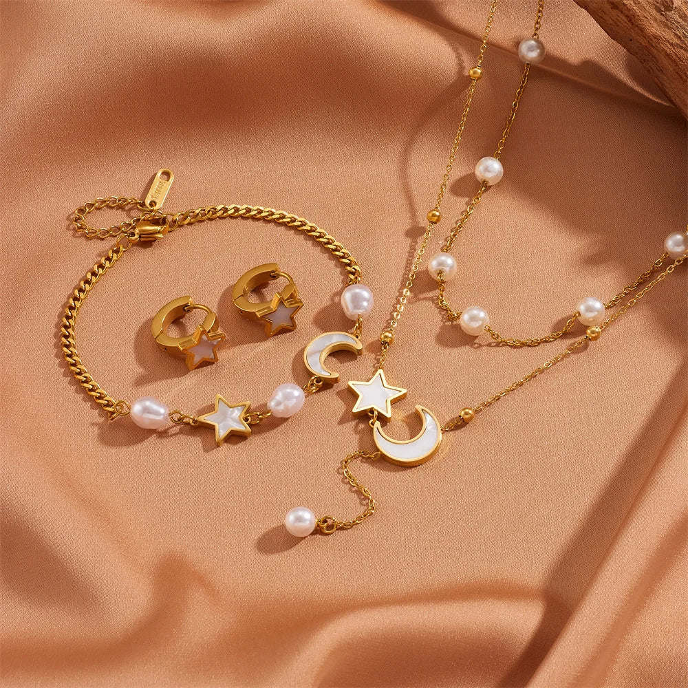Fashion 18K Gold-Plated Stainless Steel Pearl Star Moon Heart Necklace Bracelet Earrings Anklet Chunky Chain Jewellery Set