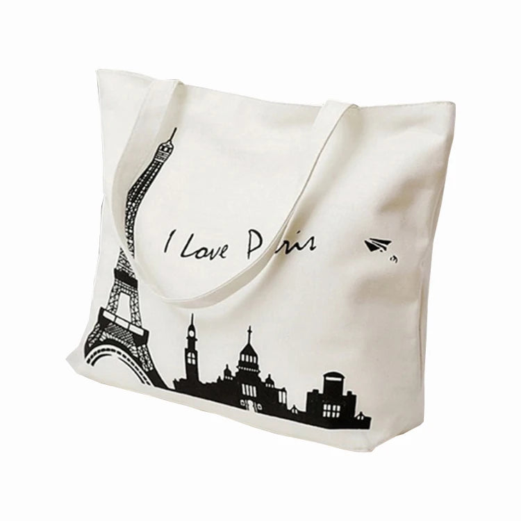 Eco-Friendly Long Handle Cotton Tote Bag Zipper Pocket Reusable Women's Shopper Bag Featuring Letter Customizable Logo for