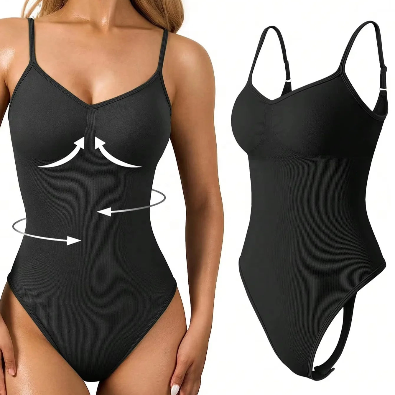 V Neck Sleeveless Spaghetti Strap Bodysuit One Piece Bodycon Tummy Control Butt Lifter Workout Seamless Jumpsuit for Women
