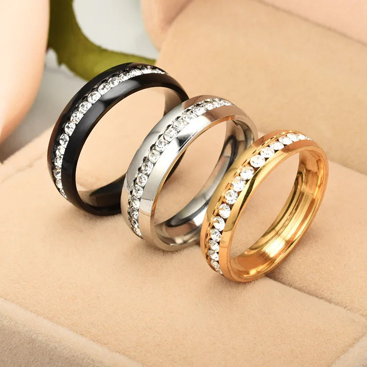 Wholesale Fashion 6MM Inlay Zirconia Titanium Steel Wedding Engagement Jewelry Rings Gold Silver Plated for Men Women Trendy