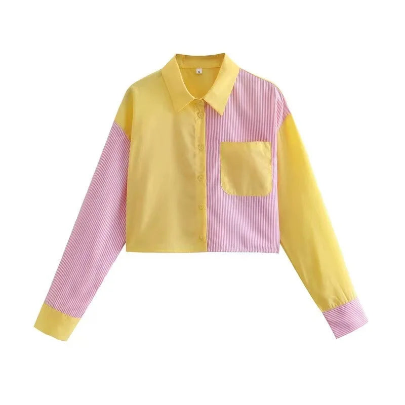 2024 Fashion Custom Color Block Lady Long Sleeve Shirt Striped Chest Pocket Botton up Yellow pink Top Shirt for Women's