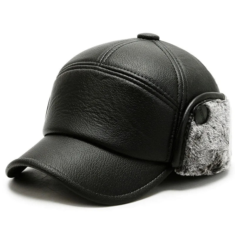 Autumn Winter Leather Hats Middle-aged and Elderly Warm Thick Baseball Caps Outdoor Sports Dad Hats PU Big protection Duck Tongu
