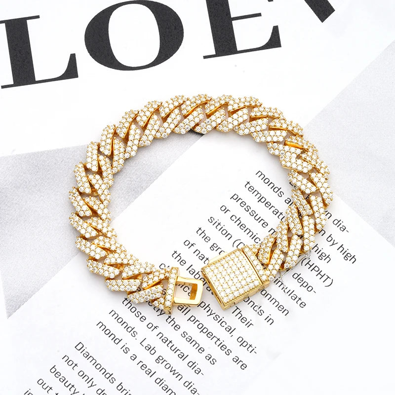 Hip Pop Man Bracelet Cuban Chain 12mm Wide Cuban Bracelet Moissnaite Sliver S925 Bracelet