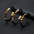 High Quality Natural Stone Brown Tiger Eye Matte Color Stainless Steel Genuine Leather Bracelet Jewelry for Men Custom Logo