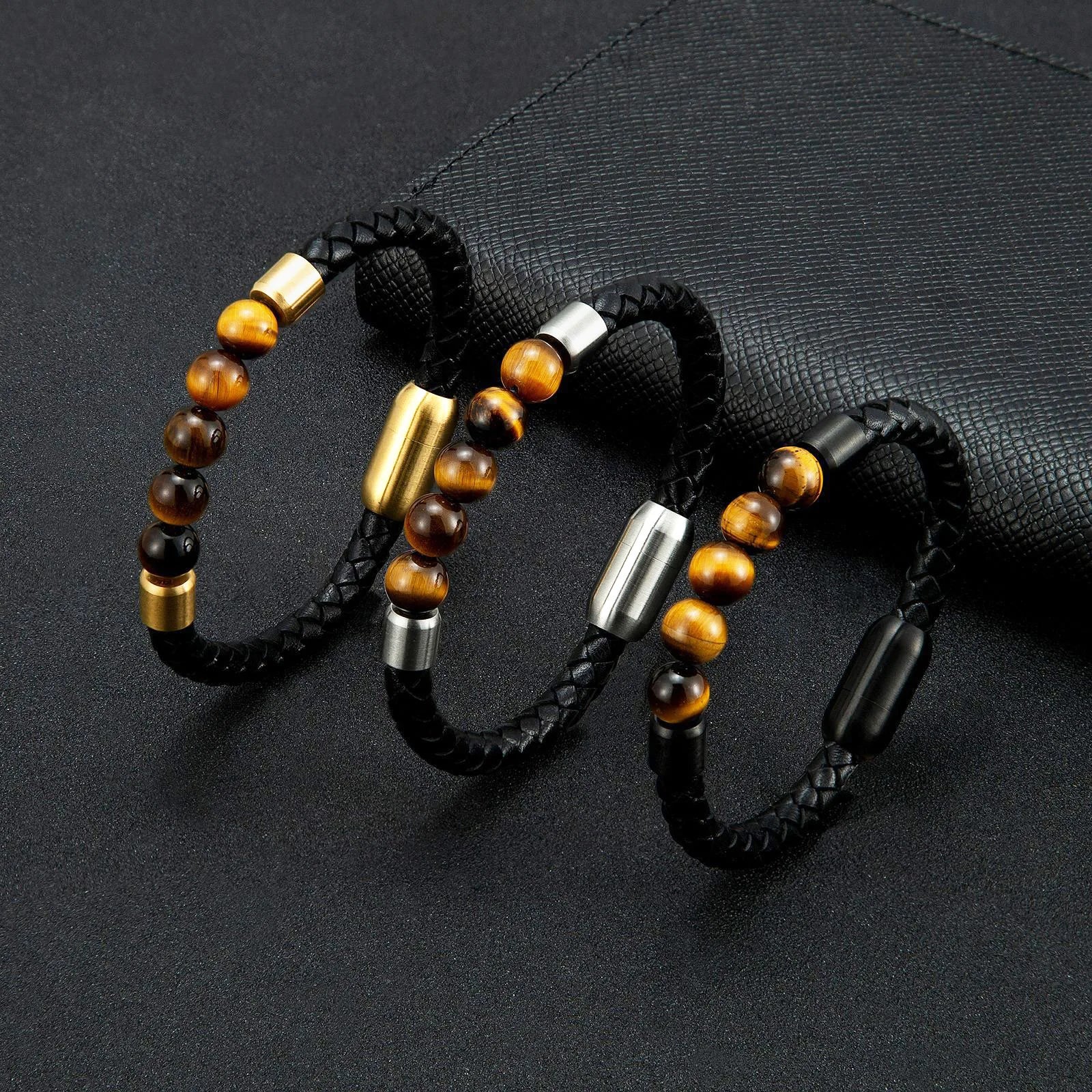 High Quality Natural Stone Brown Tiger Eye Matte Color Stainless Steel Genuine Leather Bracelet Jewelry for Men Custom Logo