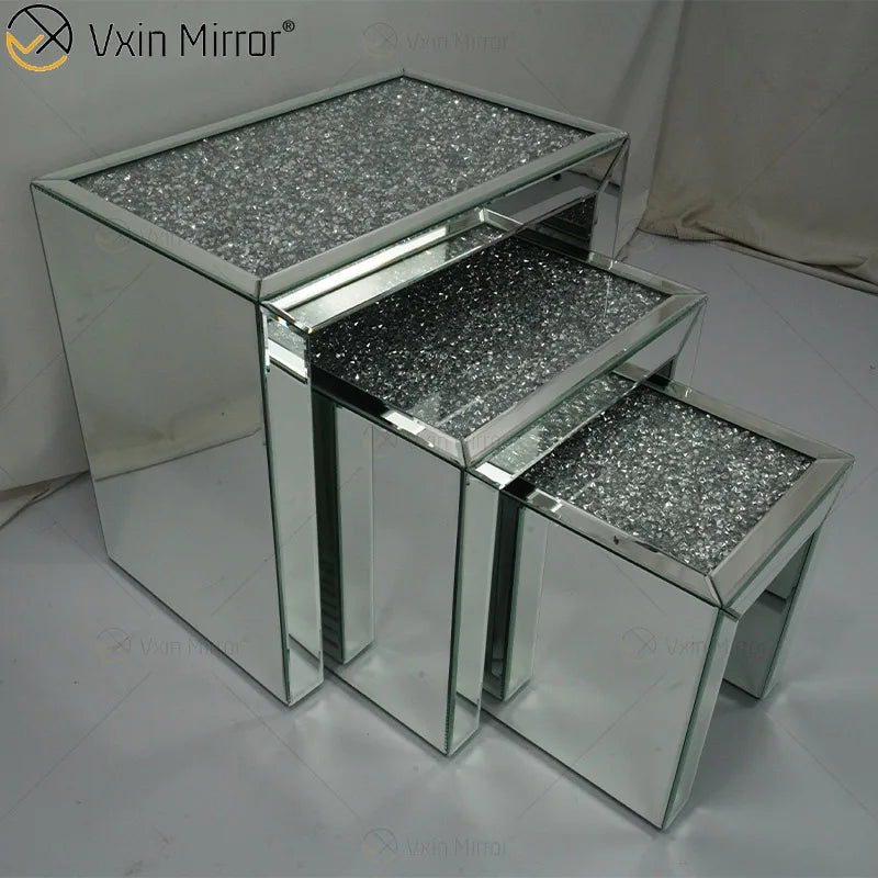 Hot Sale ZH056 Square Side Table Modern Combined Silver Glass with Crystal Diamond Top Living Room Mirror Side Tables