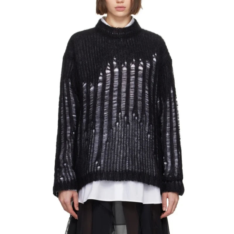 Fashion Design Oem&odm Custom Dropped Shoulders Black Oversize Laddering Open Rib Knit Mohair Silk Blend Sweater Hollow Top