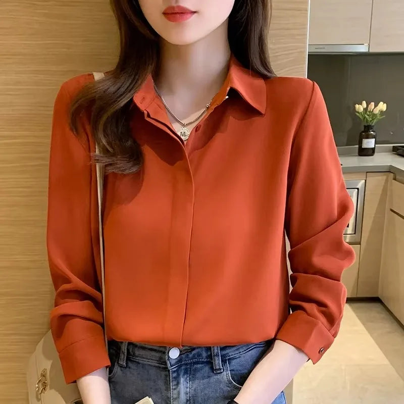 European and American Style Women's Solid Loose Lapel Long-sleeved Fashion Office Shirt 8317#