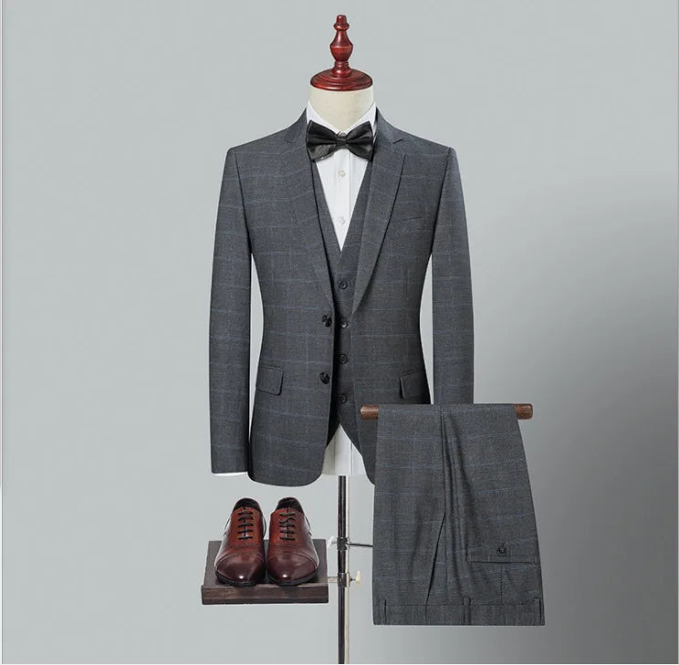 Men's Three Piece Suit Grey Plaid Slim Suit Four Seasons Thick Bridegroom's Clothing Business Leisure Dating Party