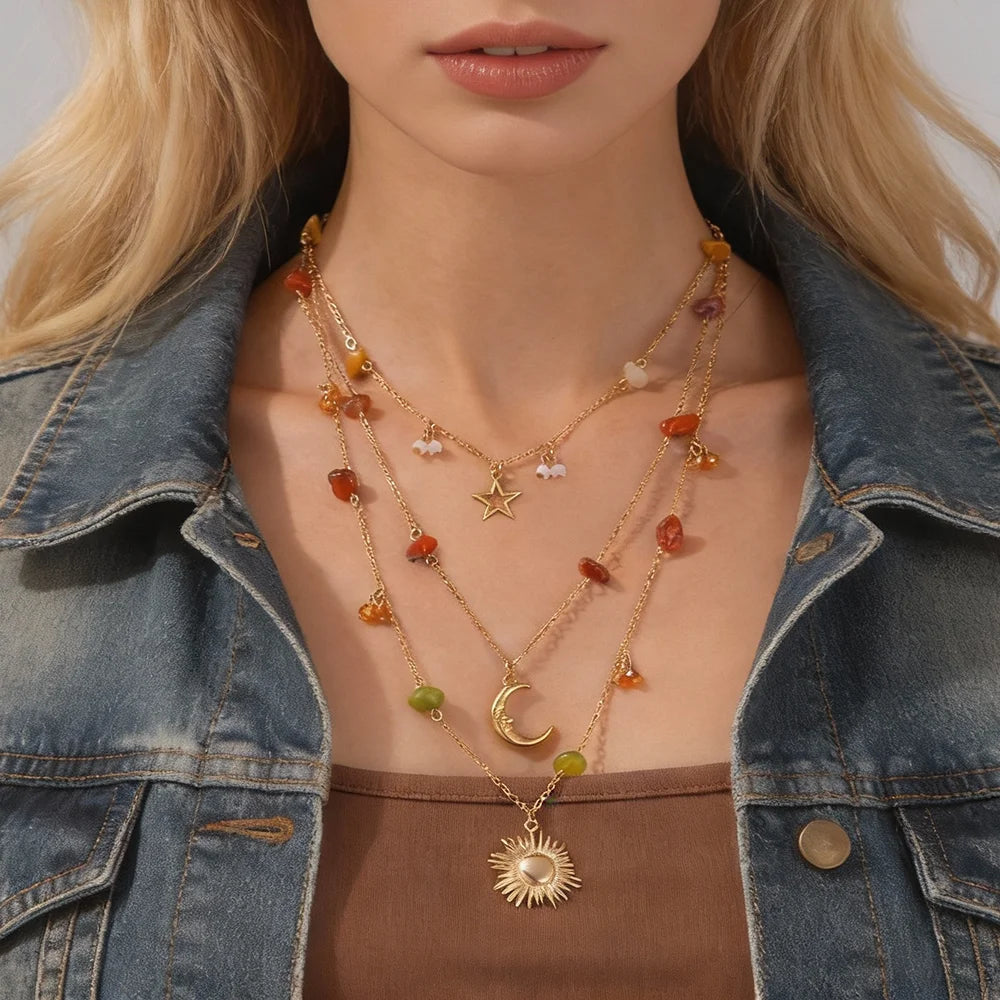 Boho Multilayer Sun/Moon Pendant Colorful Turquoise Necklace for Women Vintage Ladies Street Accessories in Neck Fashion Jewelry