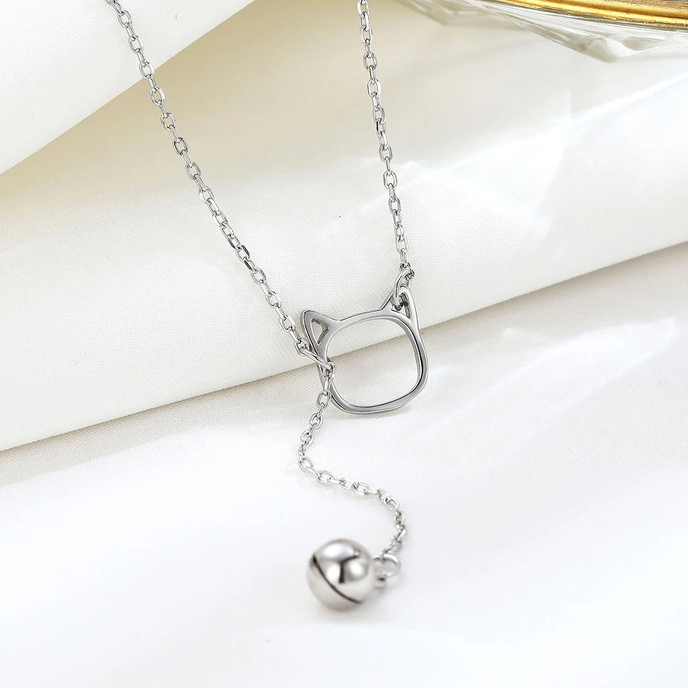 925 Sterling Silver Bell Cat Pendant Necklace Women Fashion Tassel Pendant Clavicle Chain Necklace
