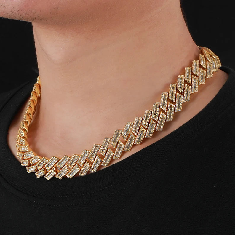 Fashion Men Jewelry Hiphop Style 16mm 14K 18K Gold Plated Brass 5A Baguette CZ Diamond Iced Out Cuban Link Chain Necklace