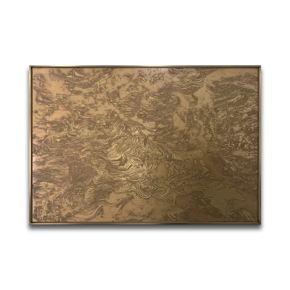 Modern Abstract Terraced Fields Brass Copperplate Etching for Hospitality Project