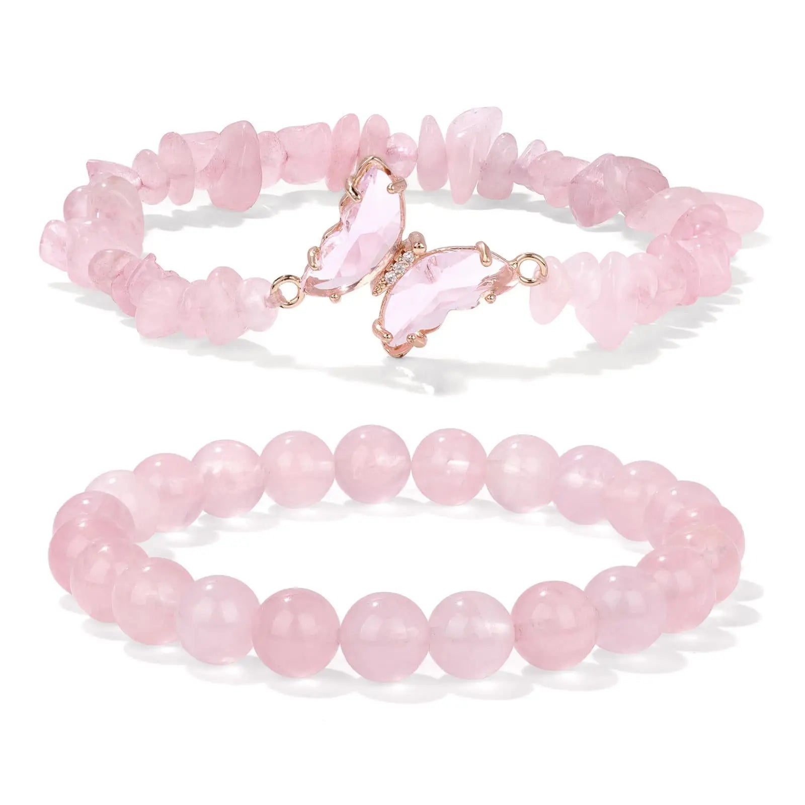 Fashion Hot Rose Quartz Beaded Jewelry Crystal Butterfly Charm Natural Stone Gravel Chip Round Beads Bracelets for Women Men