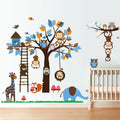 Fashion Cartoon Owl Monkey Wall Sticker Blue Leaves Tree Wallpaper Cute Home Decoration for Kid's Living Room Bedroom Wall Decal