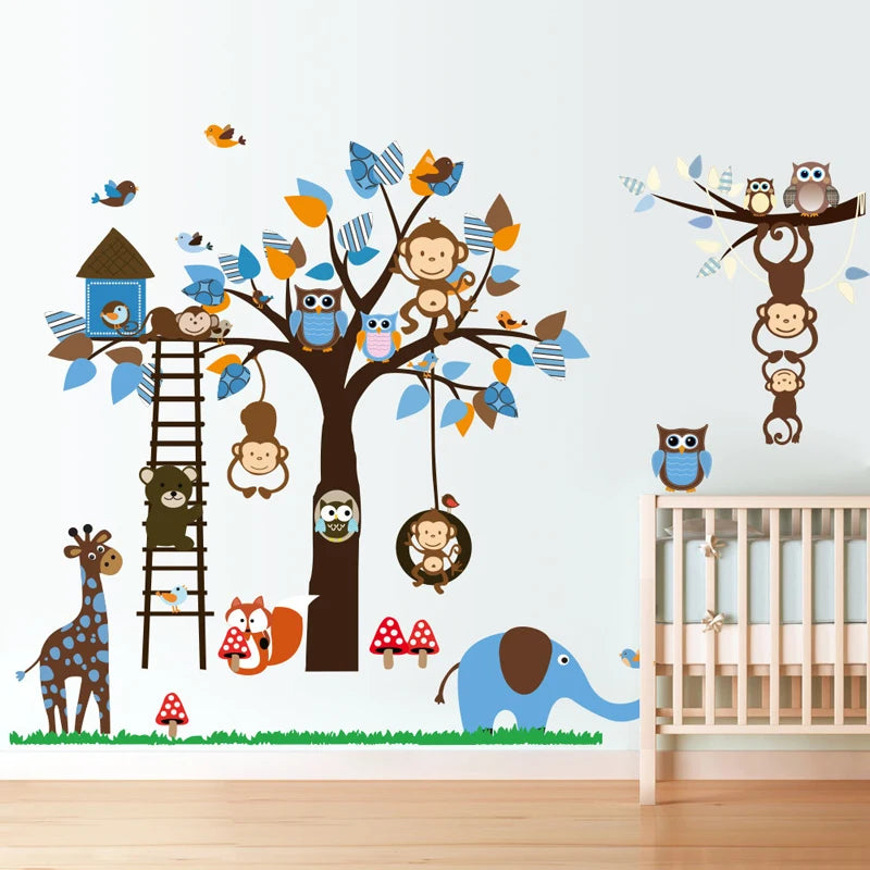 Fashion Cartoon Owl Monkey Wall Sticker Blue Leaves Tree Wallpaper Cute Home Decoration for Kid's Living Room Bedroom Wall Decal