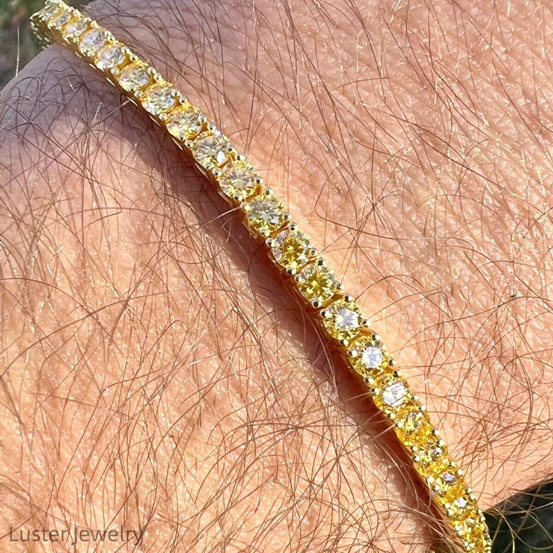 Luster Jewellery 4mm Champagne Round Hip Pop Style Tennis Chain 925 Silver Moissanite Bracelet for Man