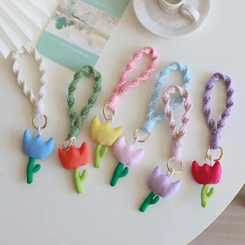 Korean Ins Cute Tulip Stereo Flower Pendant Hand-woven Key Chain Bag Pendant Accessories Key Ring