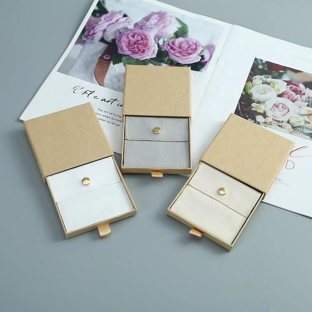 9x9x2.5cm Brown Jewelry Necklace Box Paper Gift Fashion Luxury Slider Boxes Packaging with Canvas Snap Button Pouch