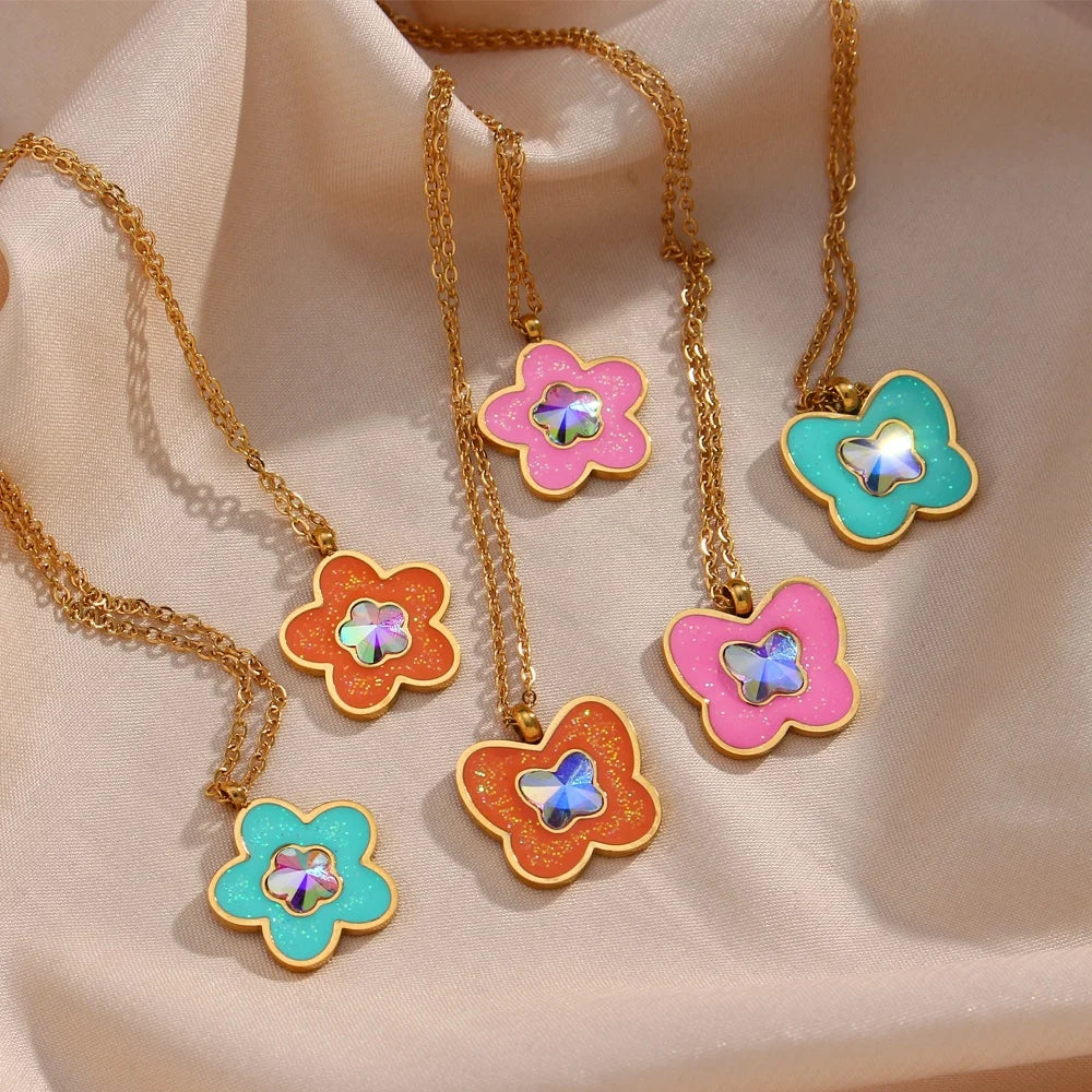 Dreamshow Acrylic Colorful Flower Butterfly Cz Jewelry Pendant Necklace for Women Stainless Steel Heart Necklace