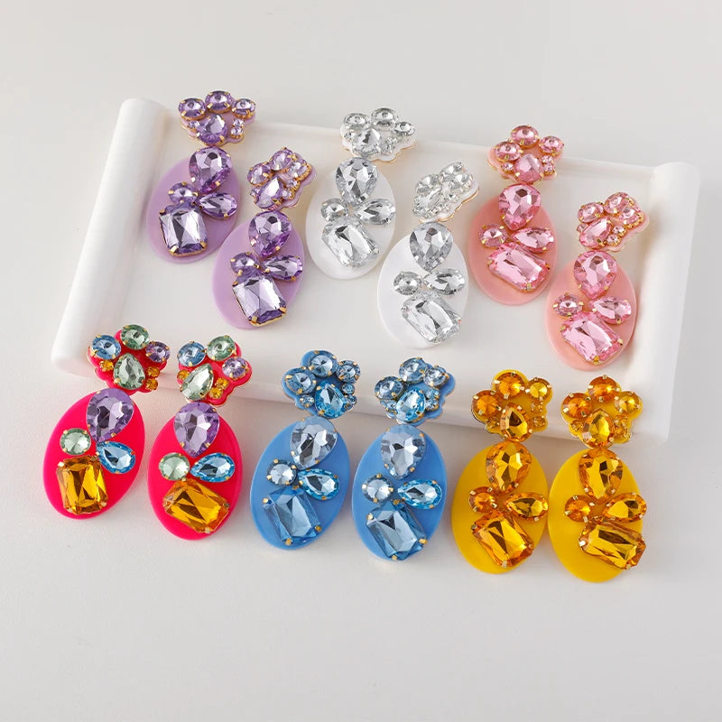 New Rhinestone Flower Geometric Earrings Jewelry Colorful Resin Oval Shaped Stud Earrings for Lady