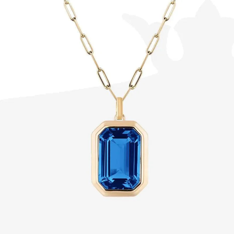 18K Gold Plated Paper Clip Chain White Blue Square Large Zircon Pendant Luxury Paper Clip Necklace