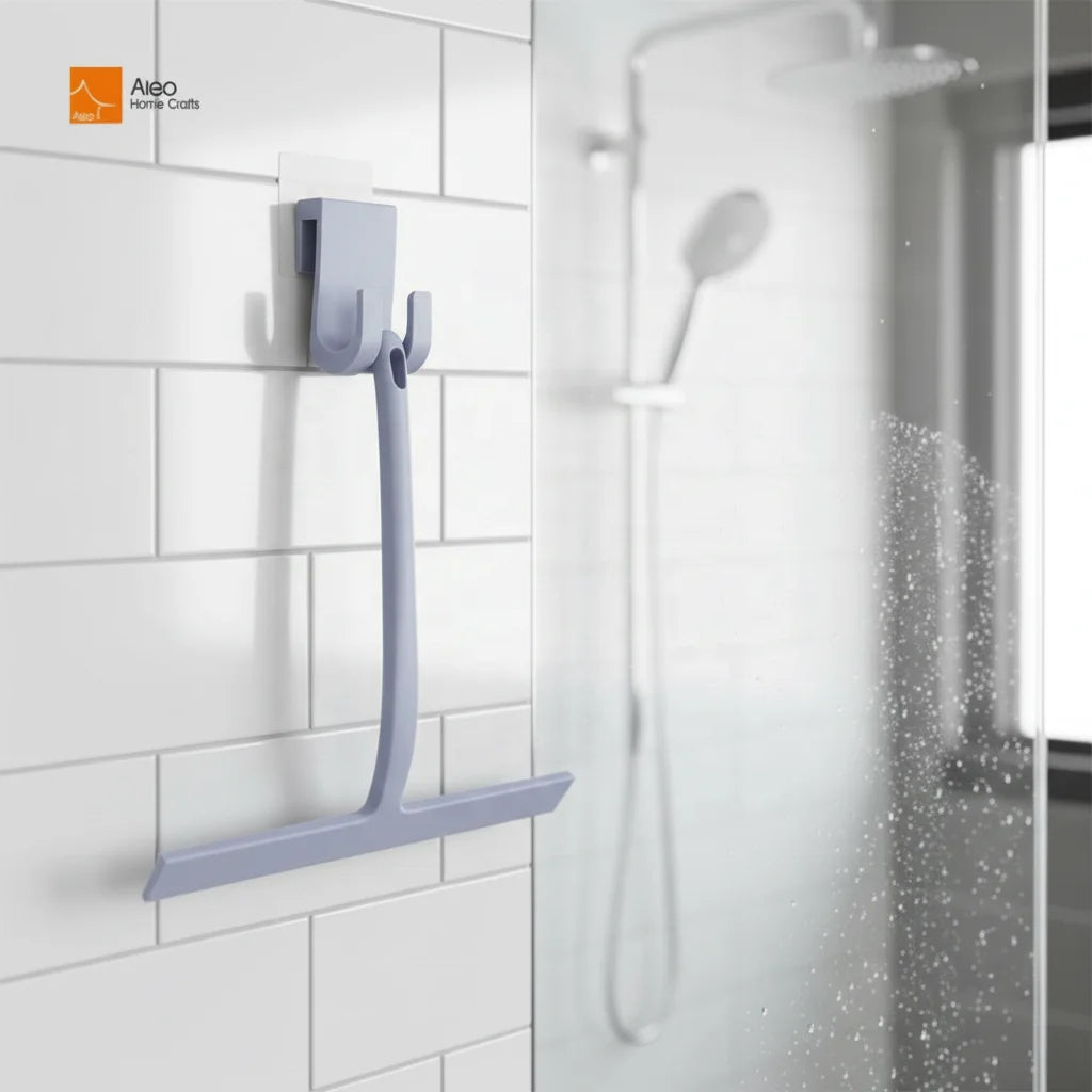 Aleo Durable Eco-Friendly Stainless Handle Rubber/Silicone Wiper Blade Shower Squeegee Hook for Bathroom Glass Window Cleaning