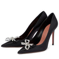 Trending Satin Shoes Fancy Crystal Bow Stiletto Heel Pumps 2022 Woman Plus Size Shoe 44 45 46 47 High Heels