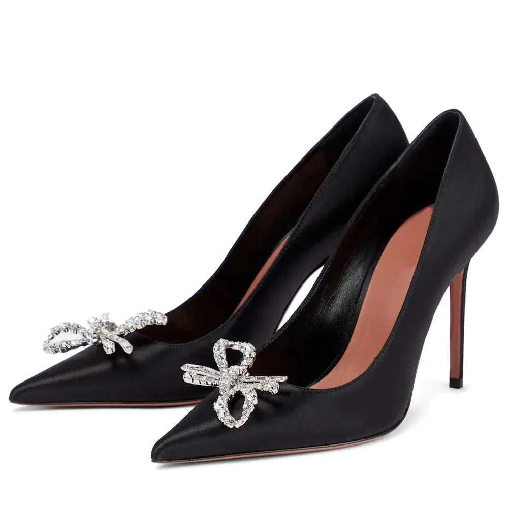 Trending Satin Shoes Fancy Crystal Bow Stiletto Heel Pumps 2022 Woman Plus Size Shoe 44 45 46 47 High Heels
