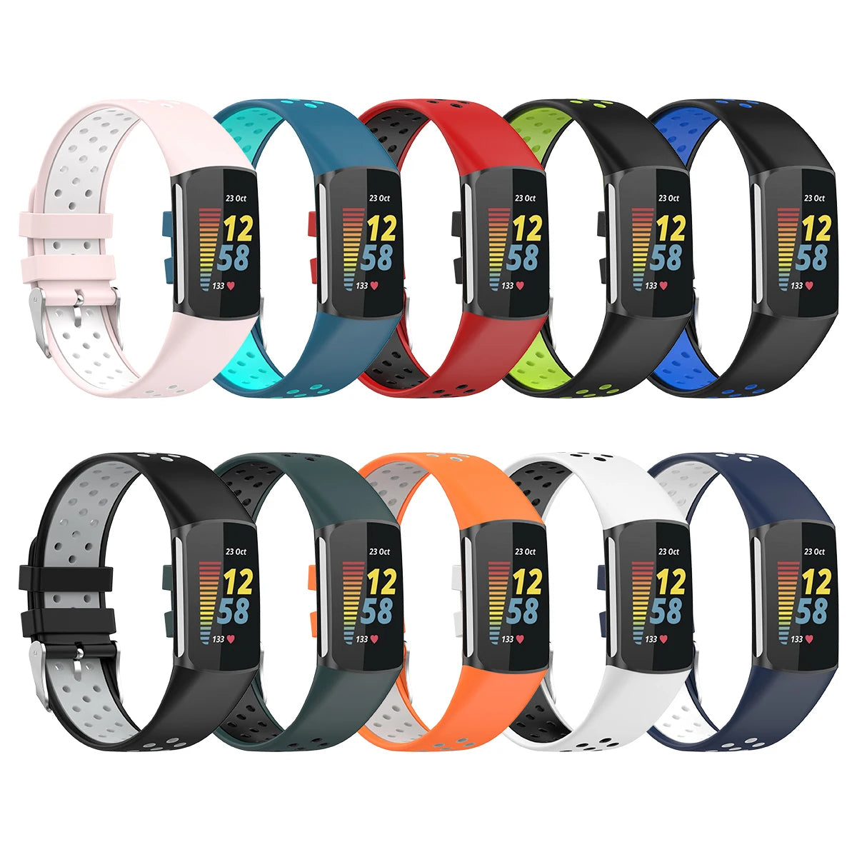 Strap for Fitbit Charge 6 Metal Buckle Sport Two Color Dual Tone Rubber Silicone Watch Bands for Fitbit Charge 5
