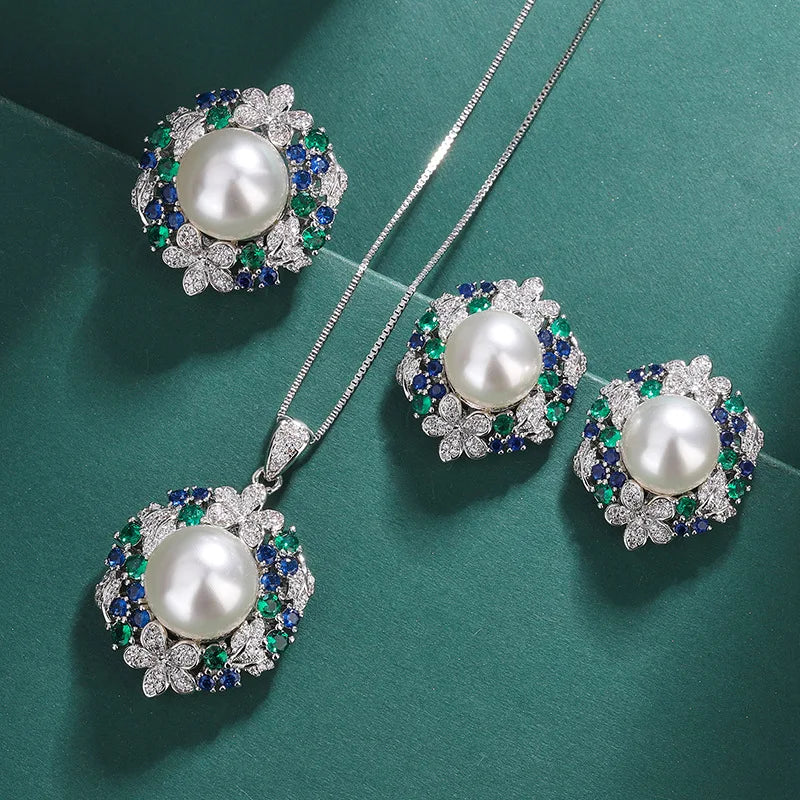 Light Luxury Wedding Jewelry Set 14MM Shell Pearl Necklace Earrings Ring Jewelry Set Zircon Sunflower Jewelry Set for Women