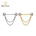ASTM F136 Titanium Double Chain Dangle Sparkle CZ Threadless Nipple Ring 14 Gauge Barbell Piercing