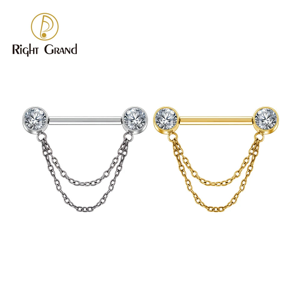 ASTM F136 Titanium Double Chain Dangle Sparkle CZ Threadless Nipple Ring 14 Gauge Barbell Piercing