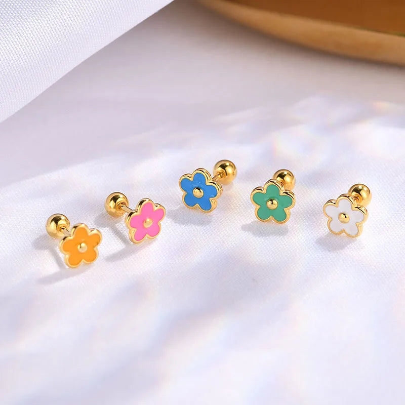 Screw Fasteners Cute Fashion Pure 925 Sterling Silver INS Colorful Enamel Flower Shape Stud Earring for Women Girls